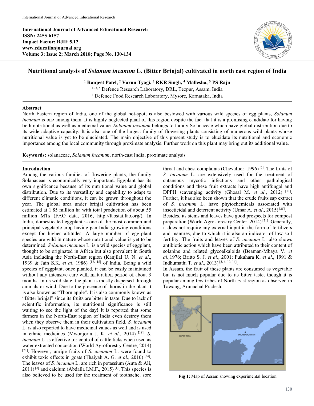 Nutritional Analysis of Solanum Incanum L. (Bitter Brinjal) Cultivated in North East Region of India