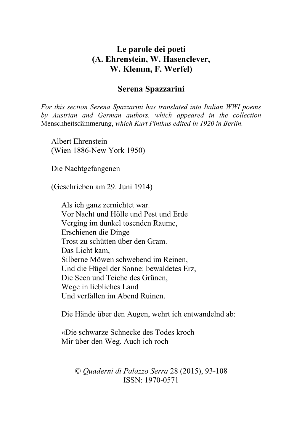 Le Parole Dei Poeti (A. Ehrenstein, W. Hasenclever, W. Klemm, F. Werfel) Serena Spazzarini
