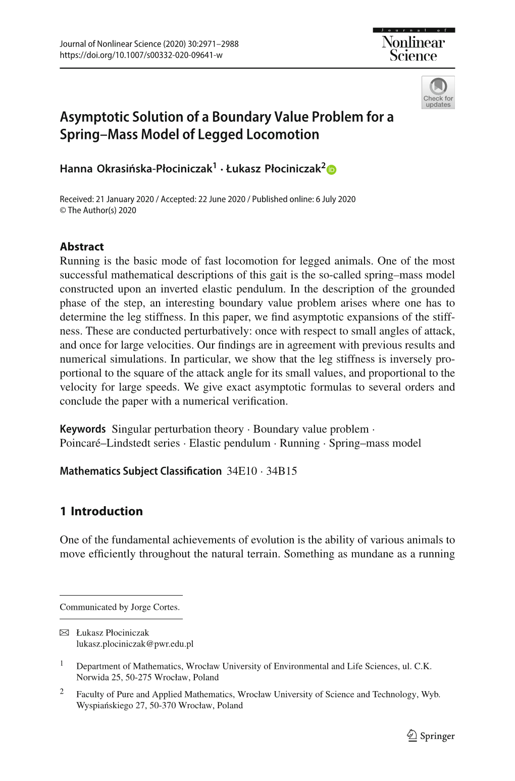 Asymptotic Solution of a Boundary Value Problem for a Spring–Mass Model of Legged Locomotion