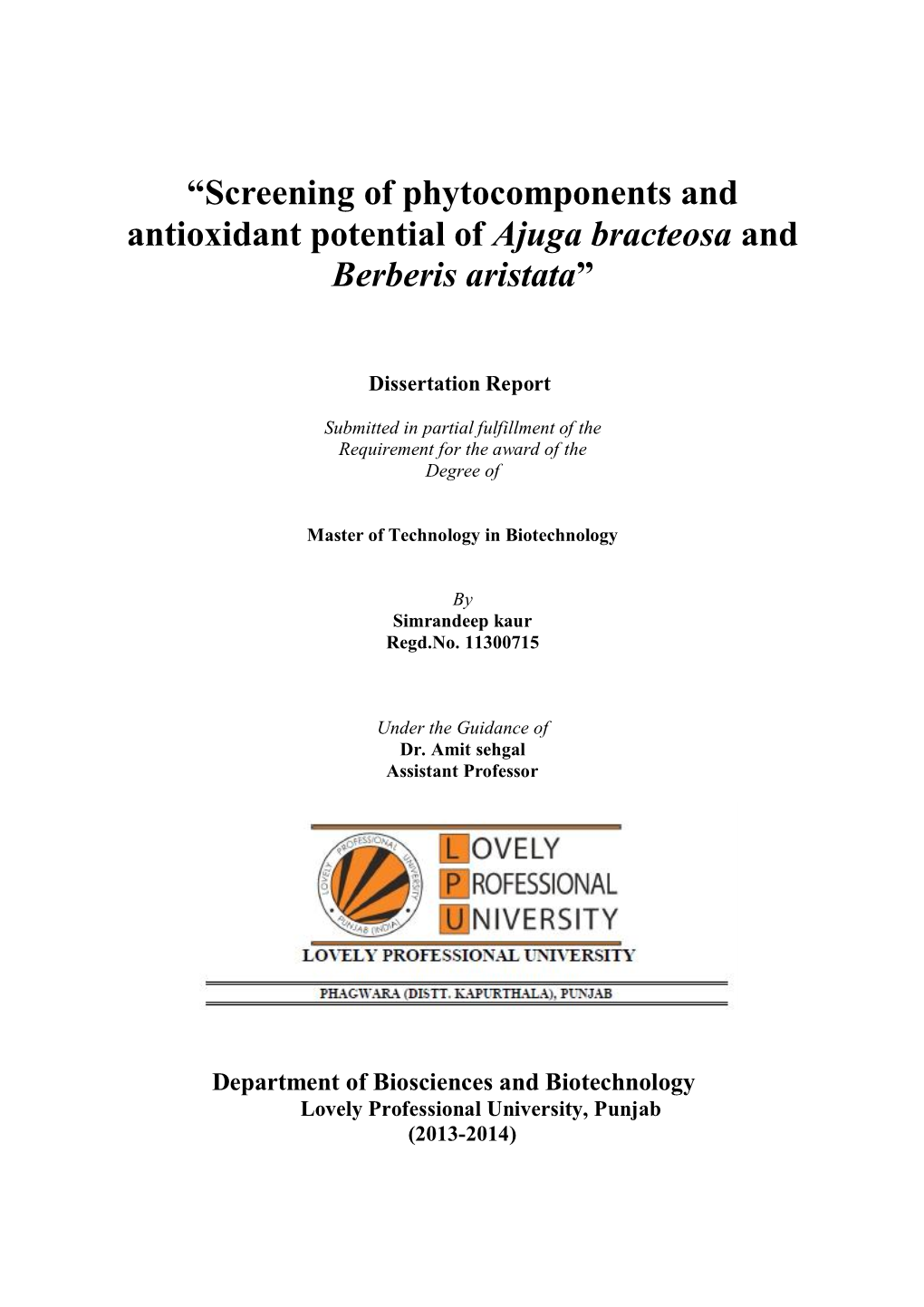 Screening of Phytocomponents and Antioxidant Potential of Ajuga Bracteosa and Berberis Aristata”