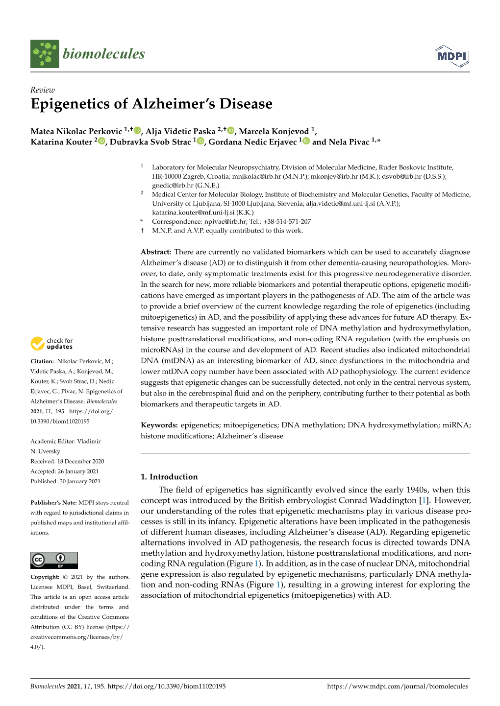 Epigenetics of Alzheimer's Disease