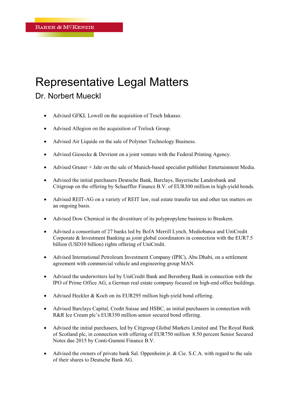 Representative Legal Matters Dr