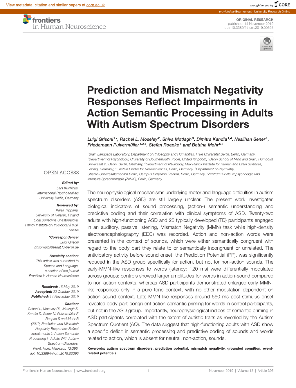 Prediction and Mismatch Negativity Responses Reflect Impairments in Action Semantic Processing in Adults with Autism Spectrum Di