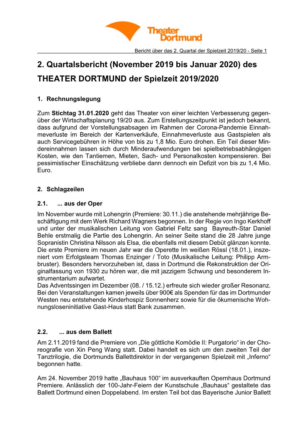 Des THEATER DORTMUND Der Spielzeit 2019/2020