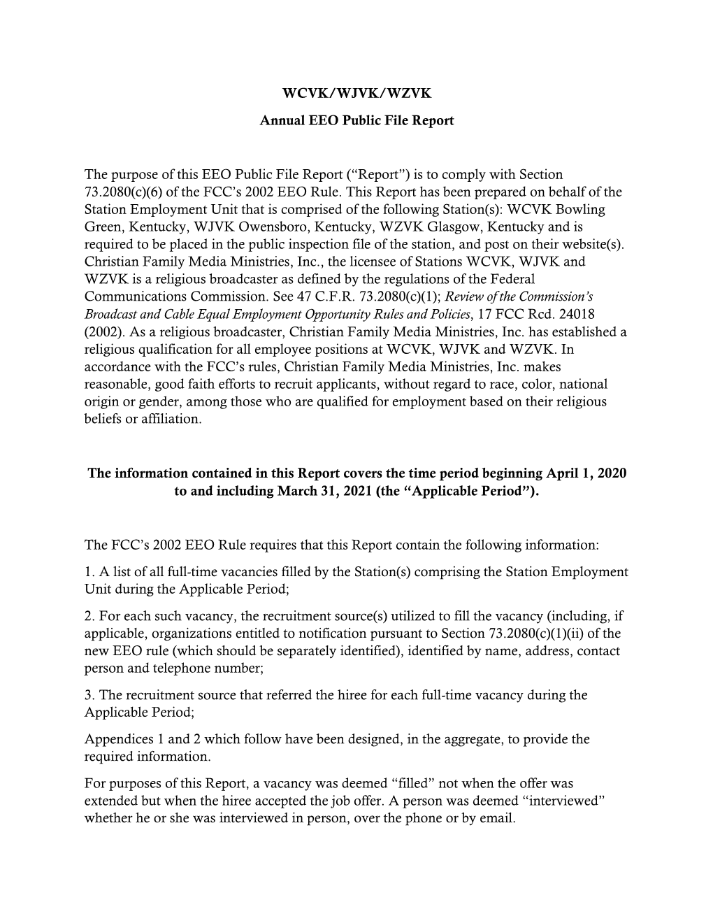 WCVK/WJVK/WZVK Annual EEO Public File Report