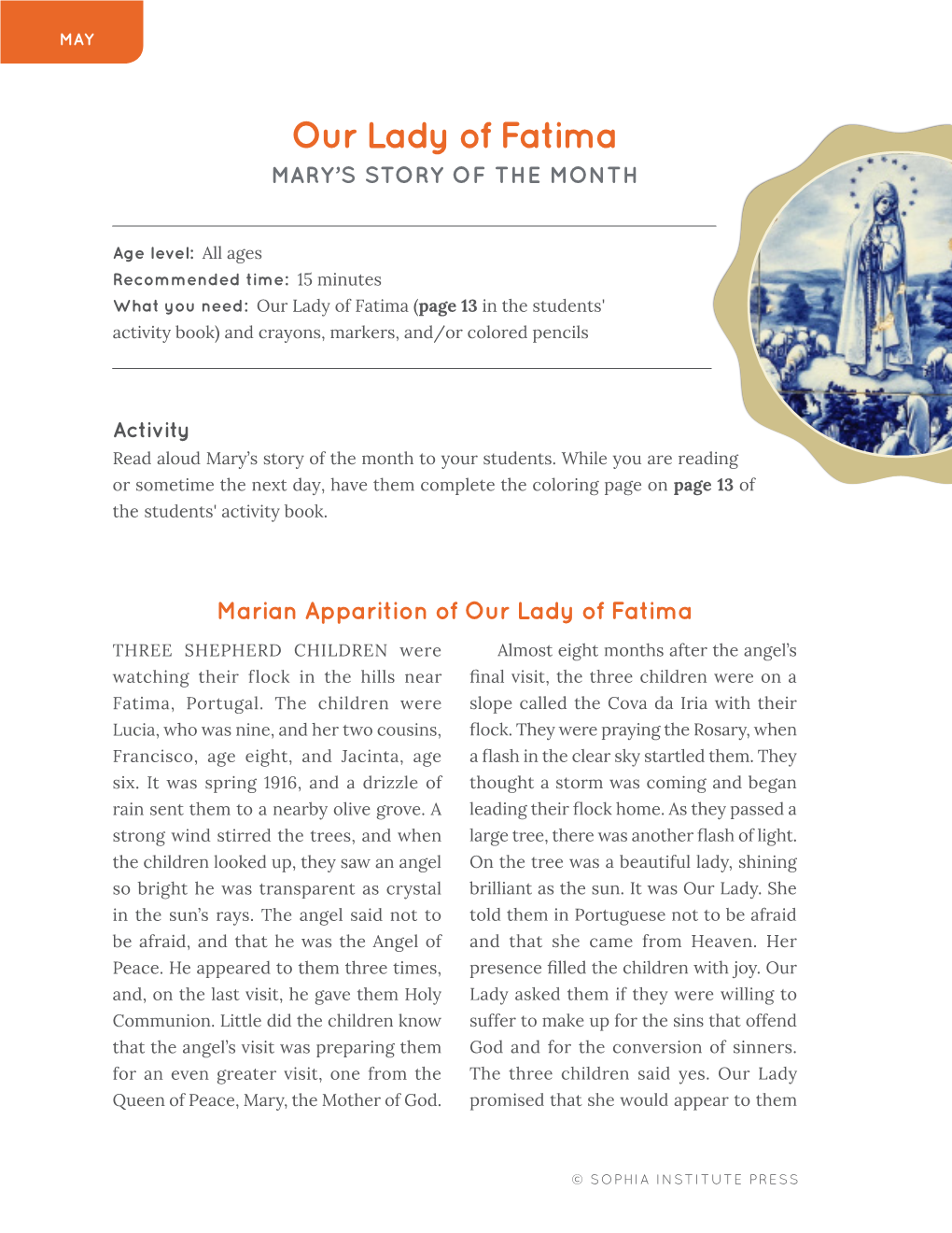 Our Lady of Fatima MARY’S STORY of the MONTH