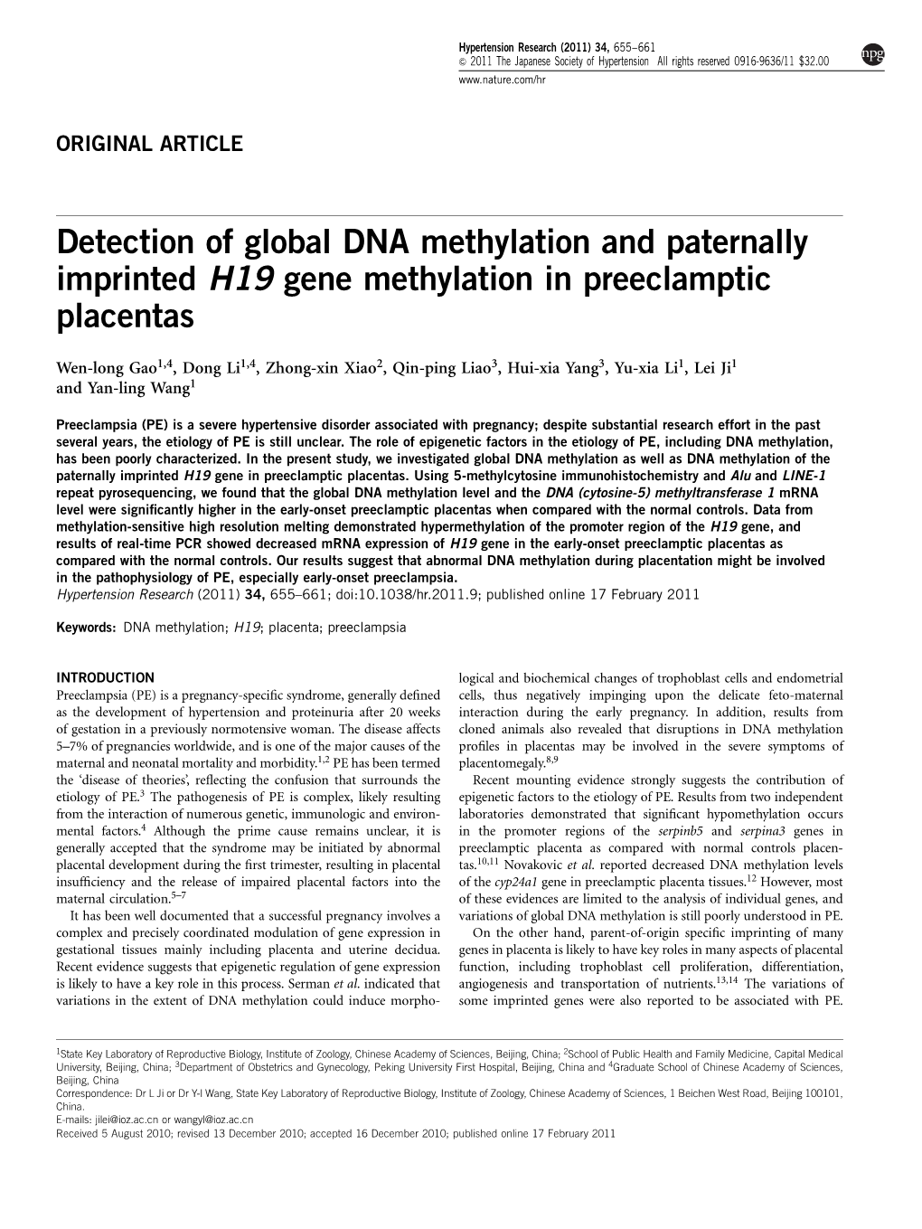 Detection of Global DNA Methylation and Paternally Imprinted H19 Gene Methylation in Preeclamptic Placentas