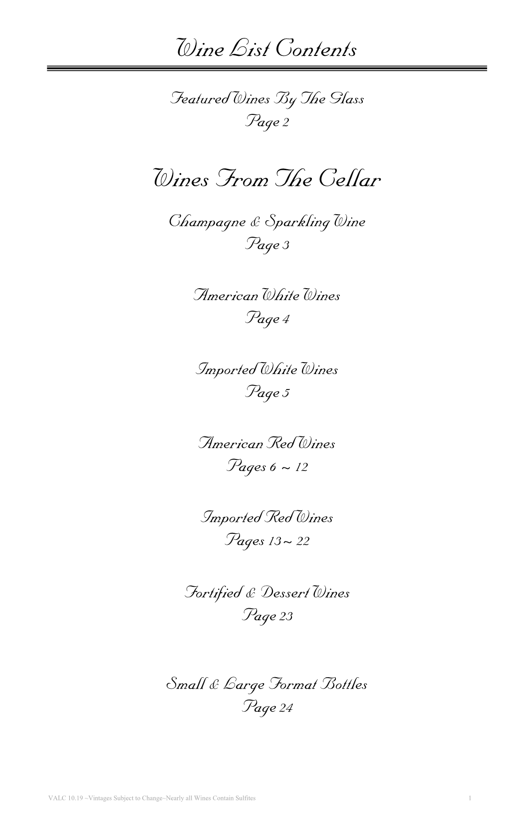 Wine List Contents