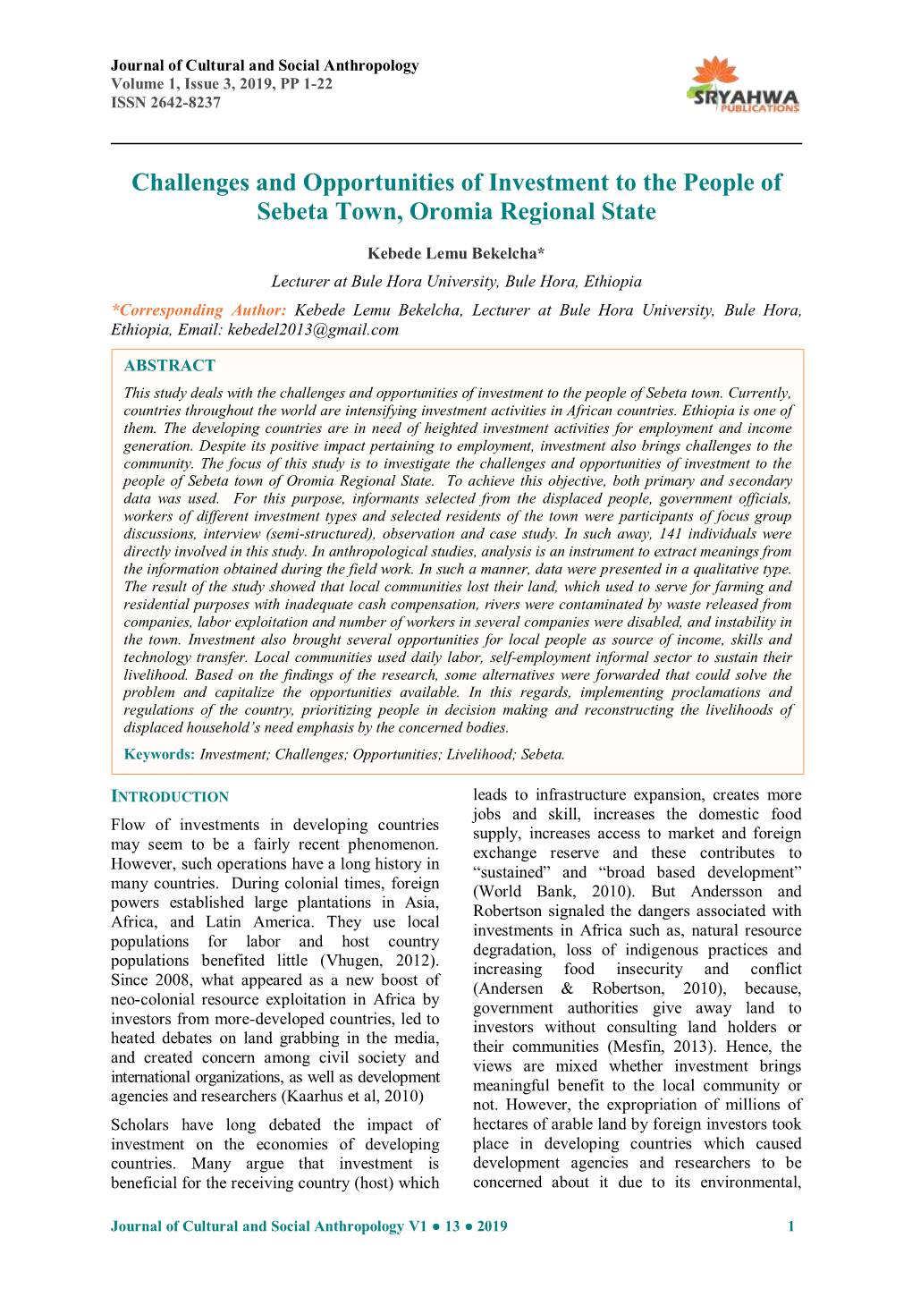 Challenges and Opportunities of Investment to the People of Sebeta Town, Oromia Regional State