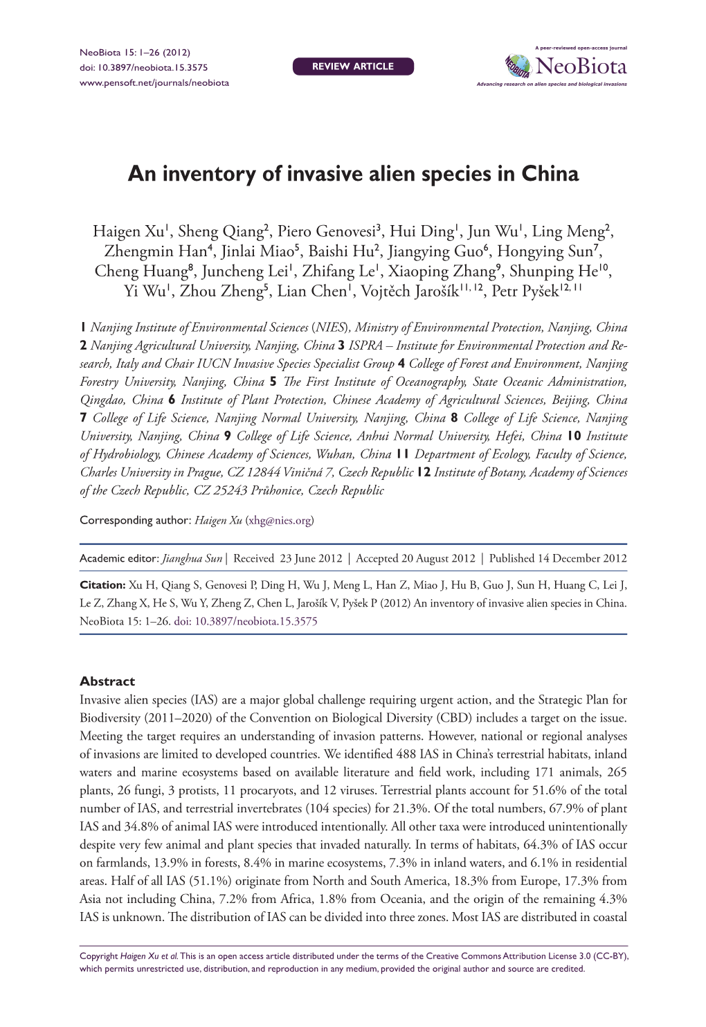 An Inventory of Invasive Alien Species in China