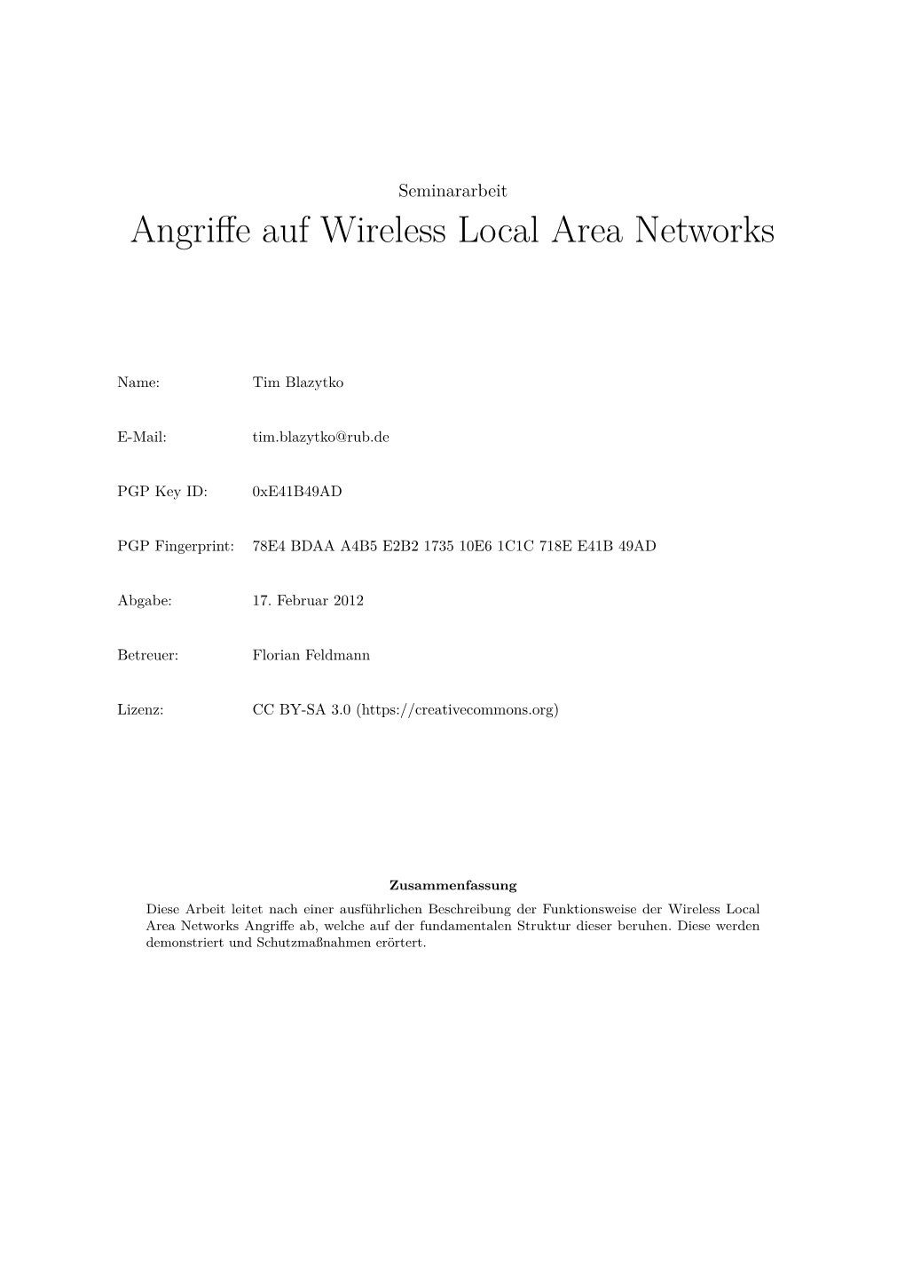 Angriffe Auf Wireless Local Area Networks