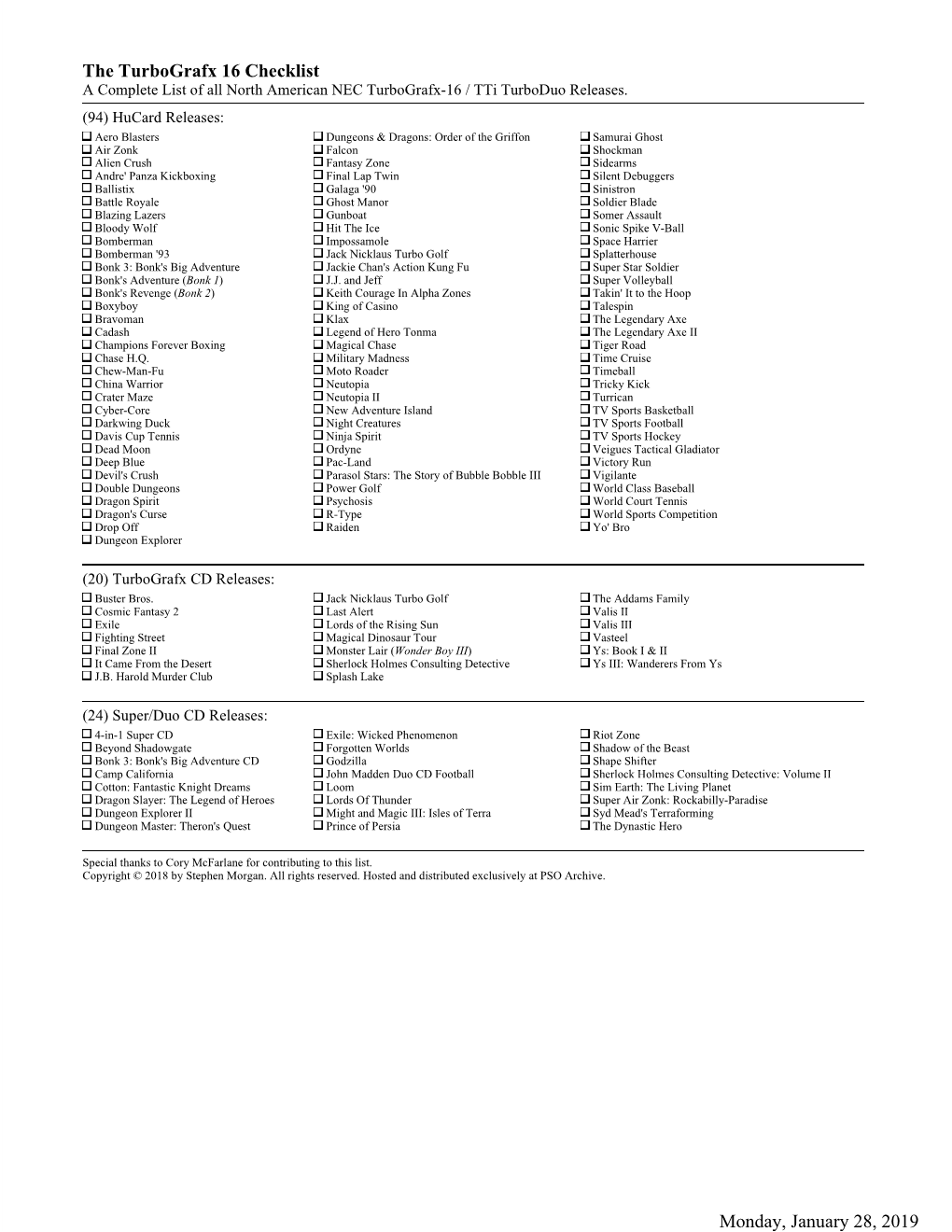 The Turbografx 16 Checklist Monday, January 28, 2019