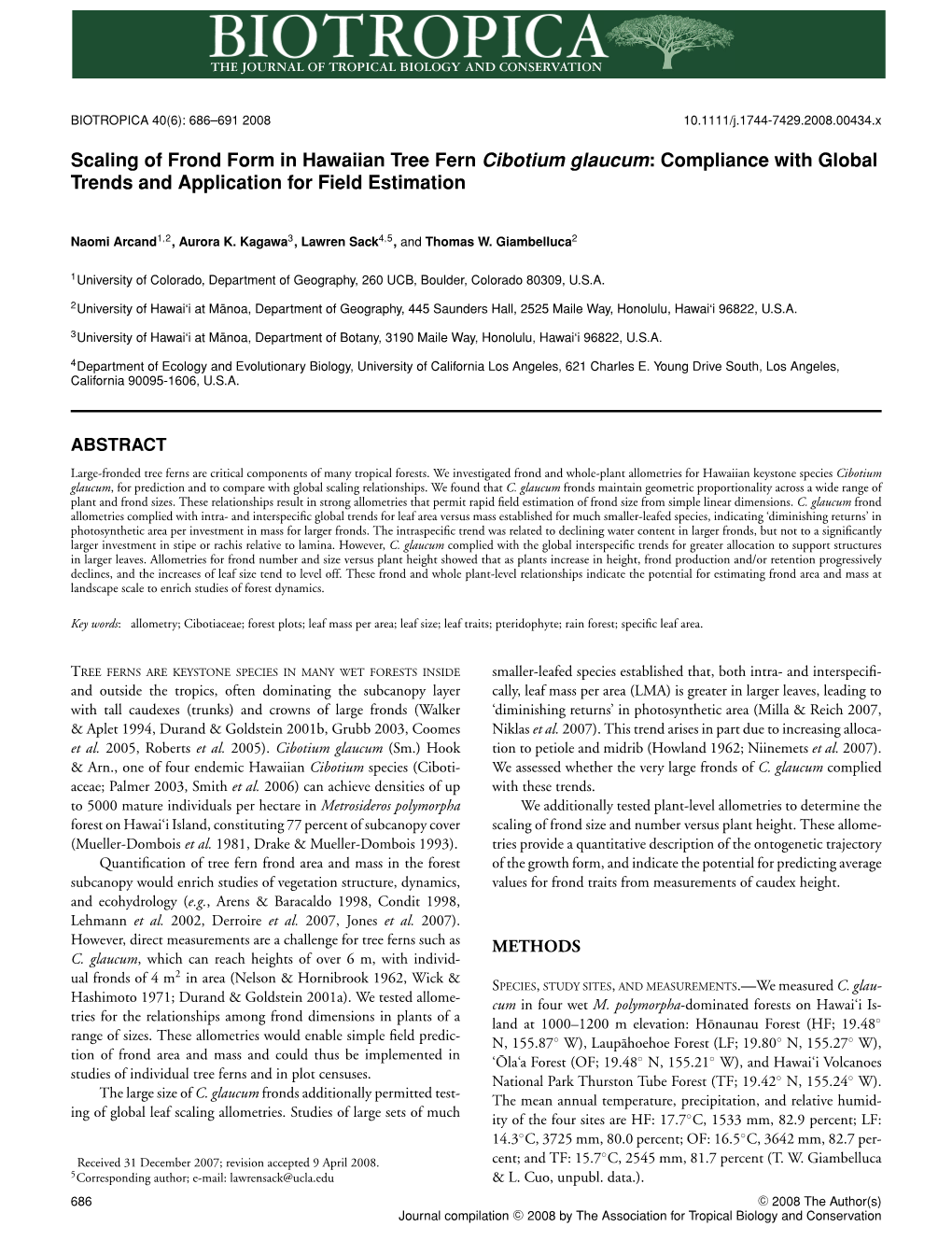 Scaling of Frond Form in Hawaiian Tree Fern Cibotium Glaucum: Compliance with Global Trends and Application for Field Estimation