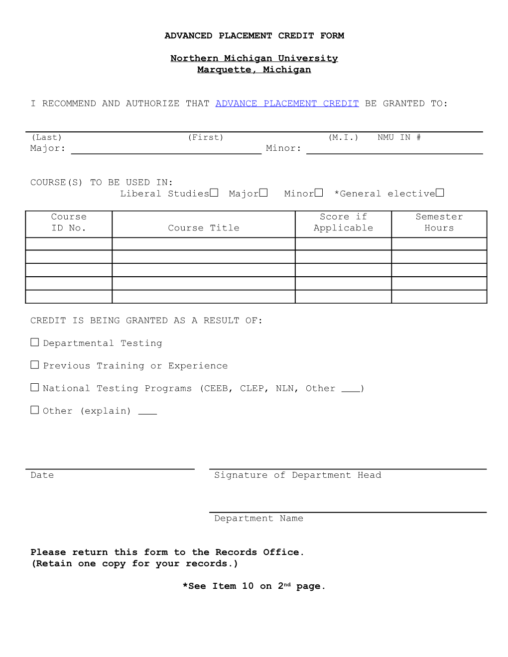 Advanced Placement Credit Form