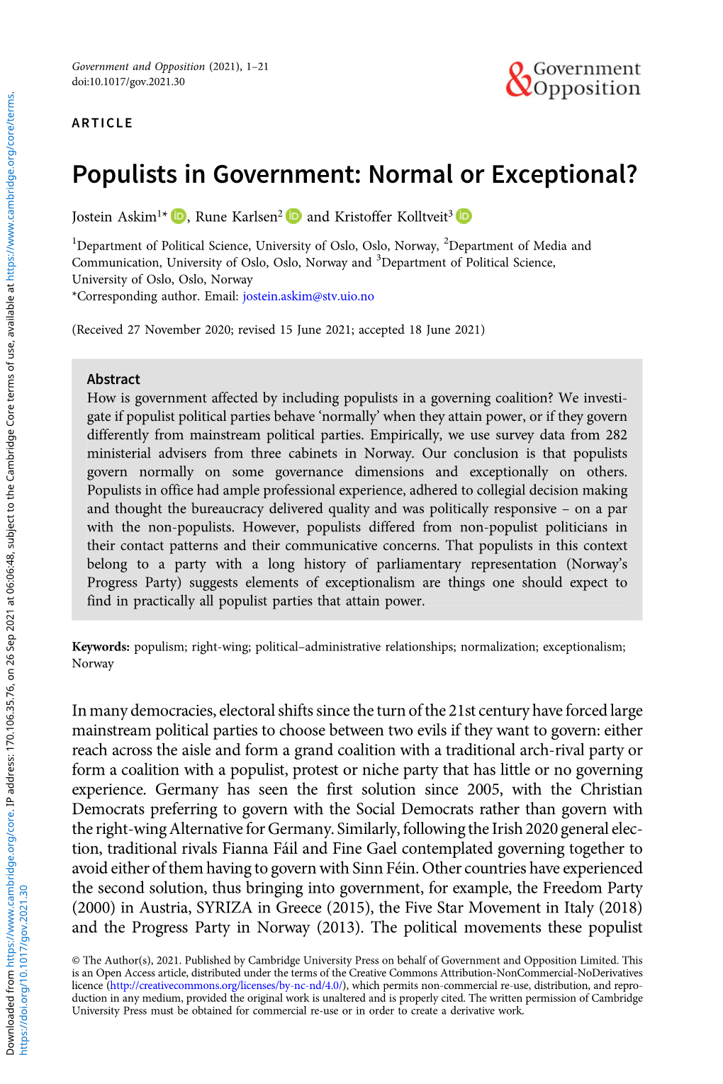 Populists in Government: Normal Or Exceptional?