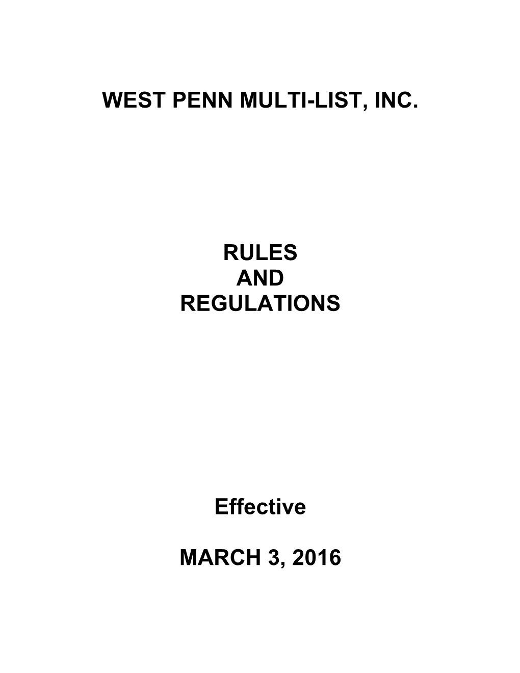 West Penn Multi-List, Inc. Rules and Regulations