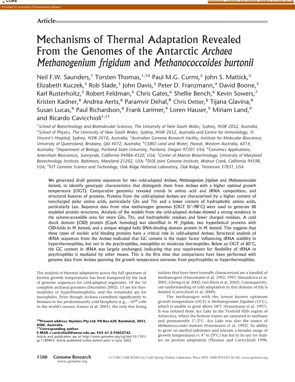 Mechanisms of Thermal Adaptation Revealed from the Genomes of the Antarctic Archaea Methanogenium Frigidum and Methanococcoides Burtonii Neil F.W