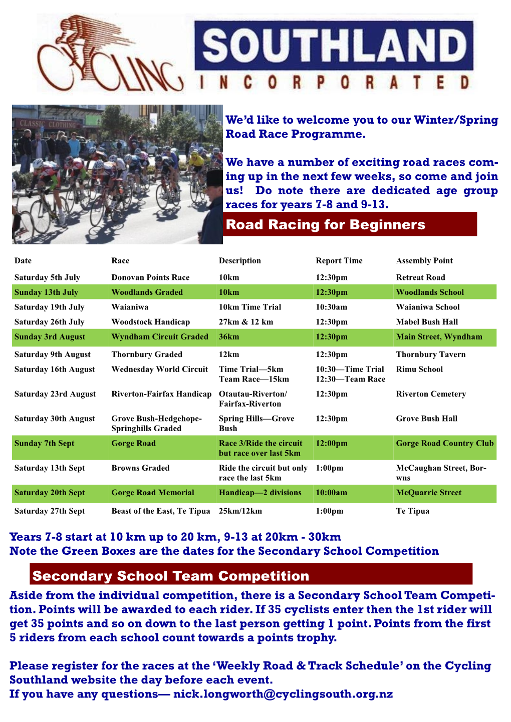 Road Racing for Beginners Secondary School Team Competition