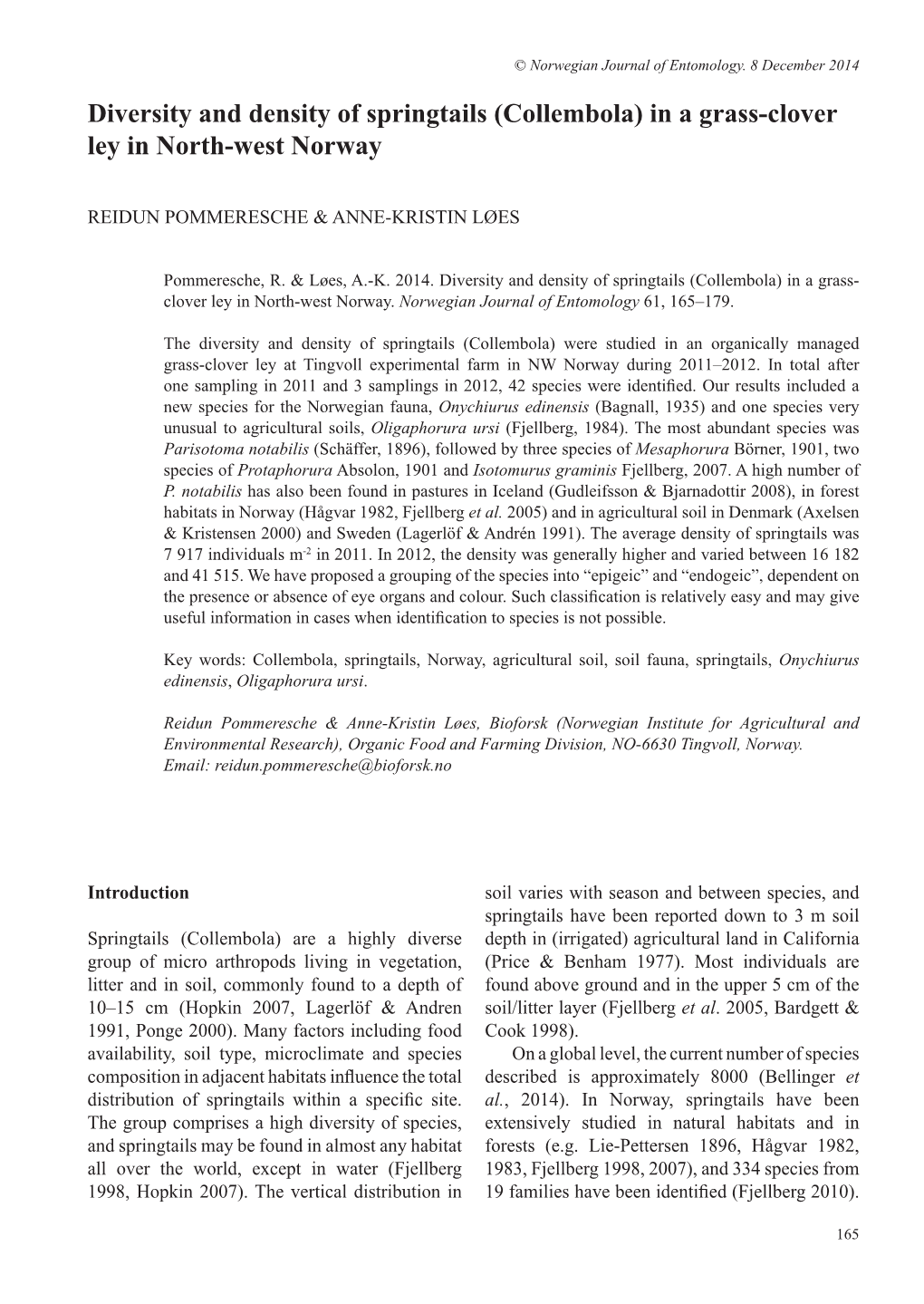 Diversity and Density of Springtails (Collembola) in a Grass-Clover Ley in North-West Norway