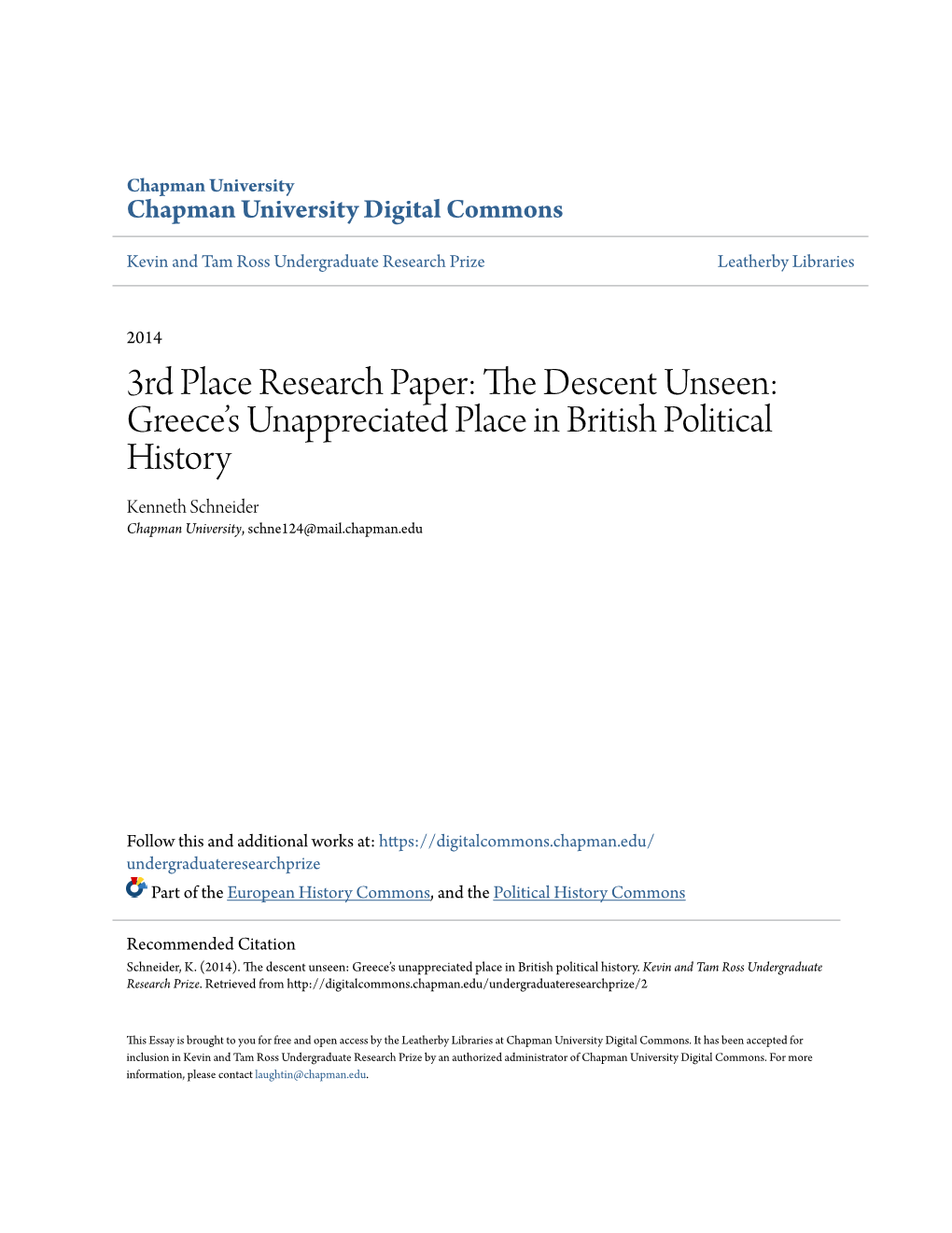 3Rd Place Research Paper: the Descent Unseen: Greece's Unappreciated Place in British Political History