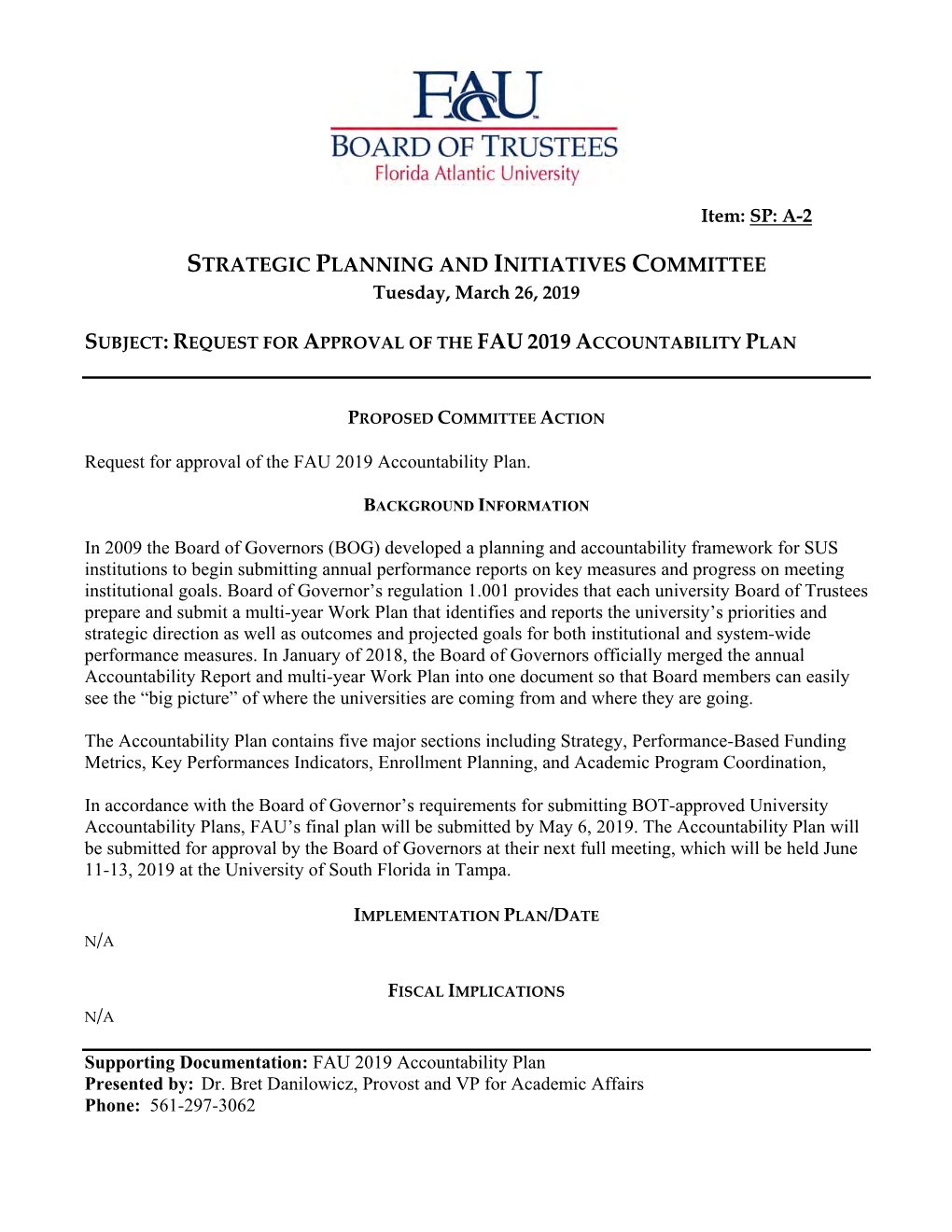 Request for Approval of the Fau 2019 Accountability Plan