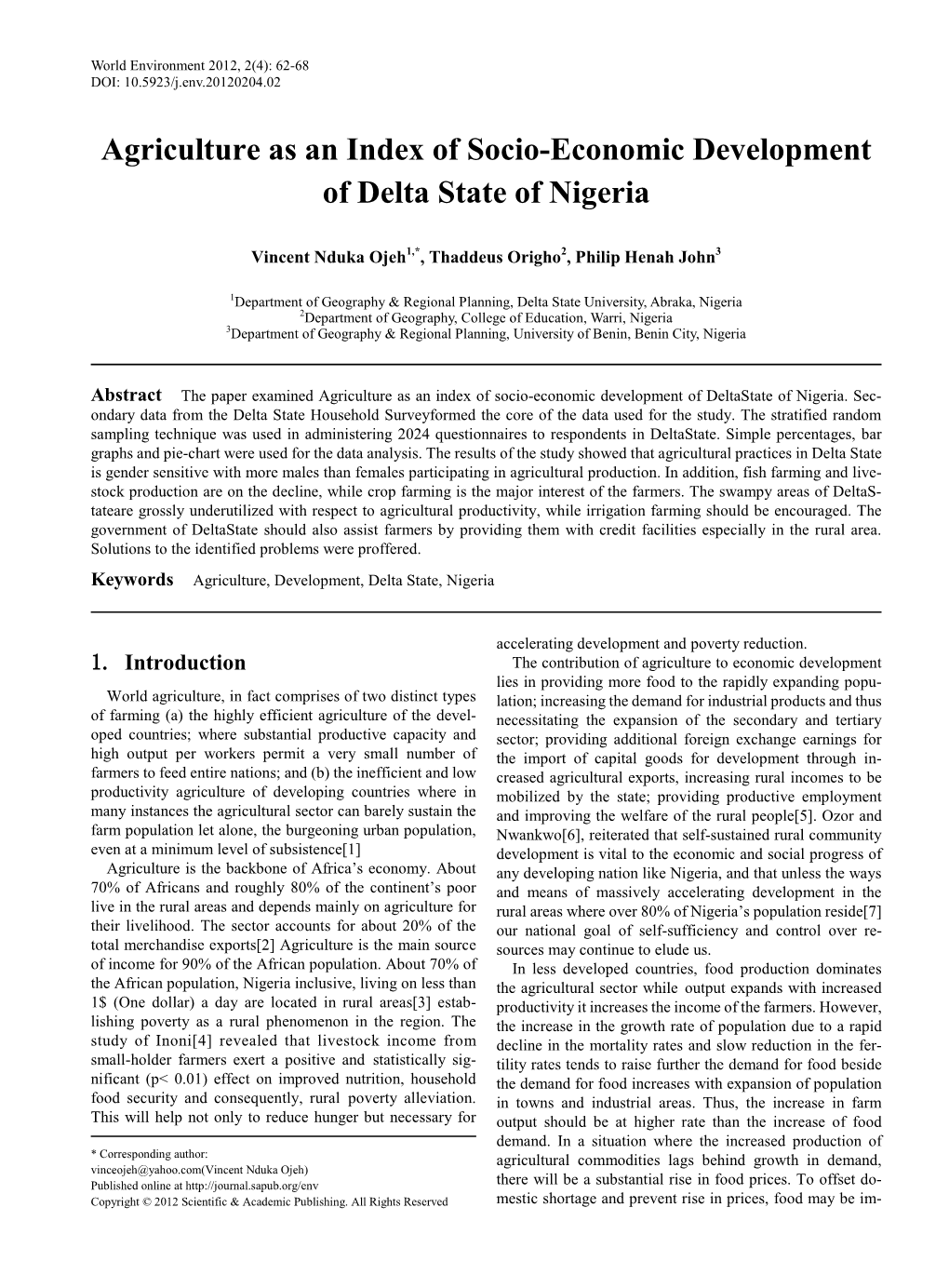 Agriculture As an Index of Socio-Economic Development of Delta State of Nigeria