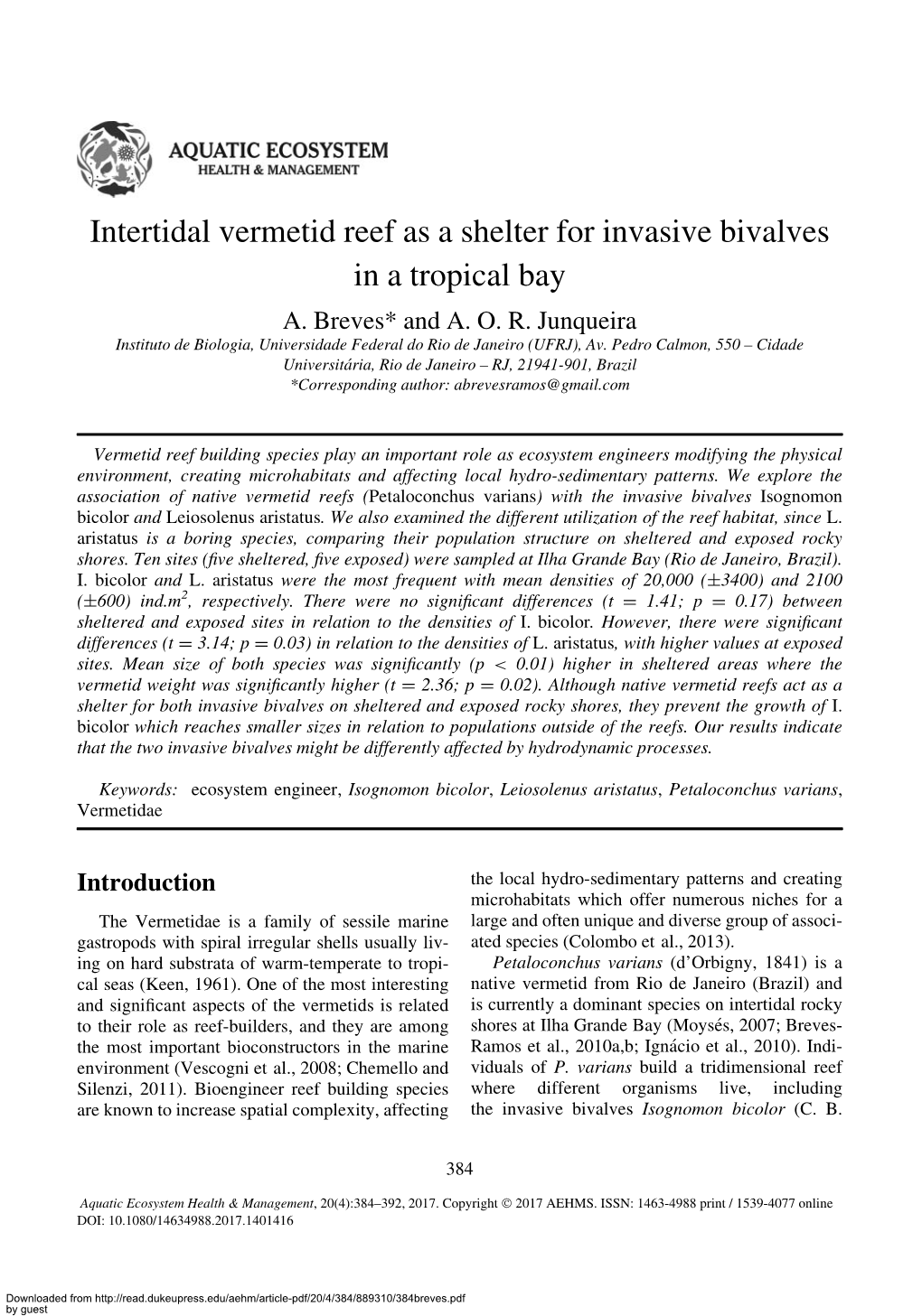 Intertidal Vermetid Reef As a Shelter for Invasive Bivalves in a Tropical Bay A