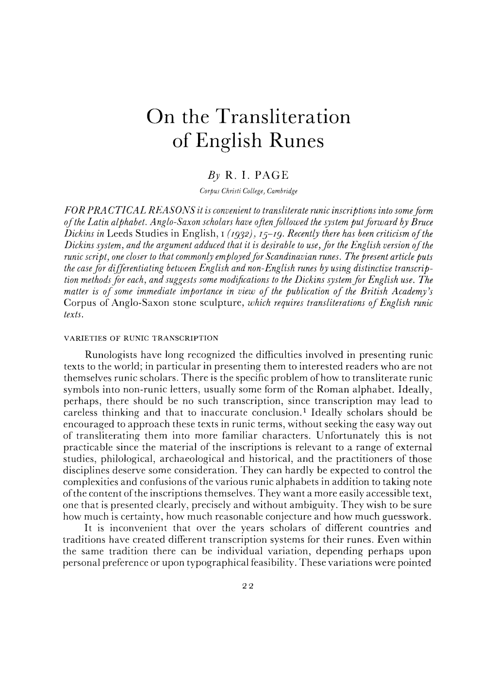 R.I. Page, on the Transliteration of English Runes