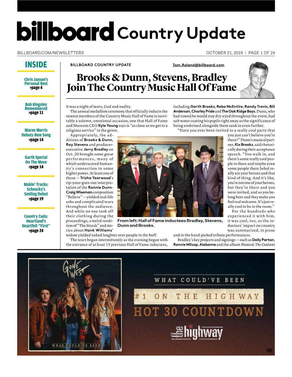 BILLBOARD COUNTRY UPDATE Tom.Roland@Billboard.Com