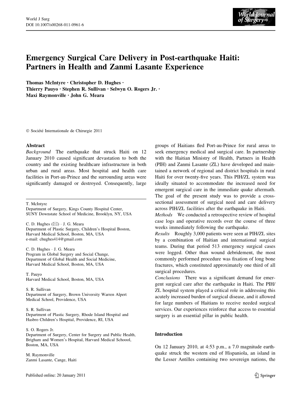 Emergency Surgical Care Delivery in Post-Earthquake Haiti: Partners in Health and Zanmi Lasante Experience