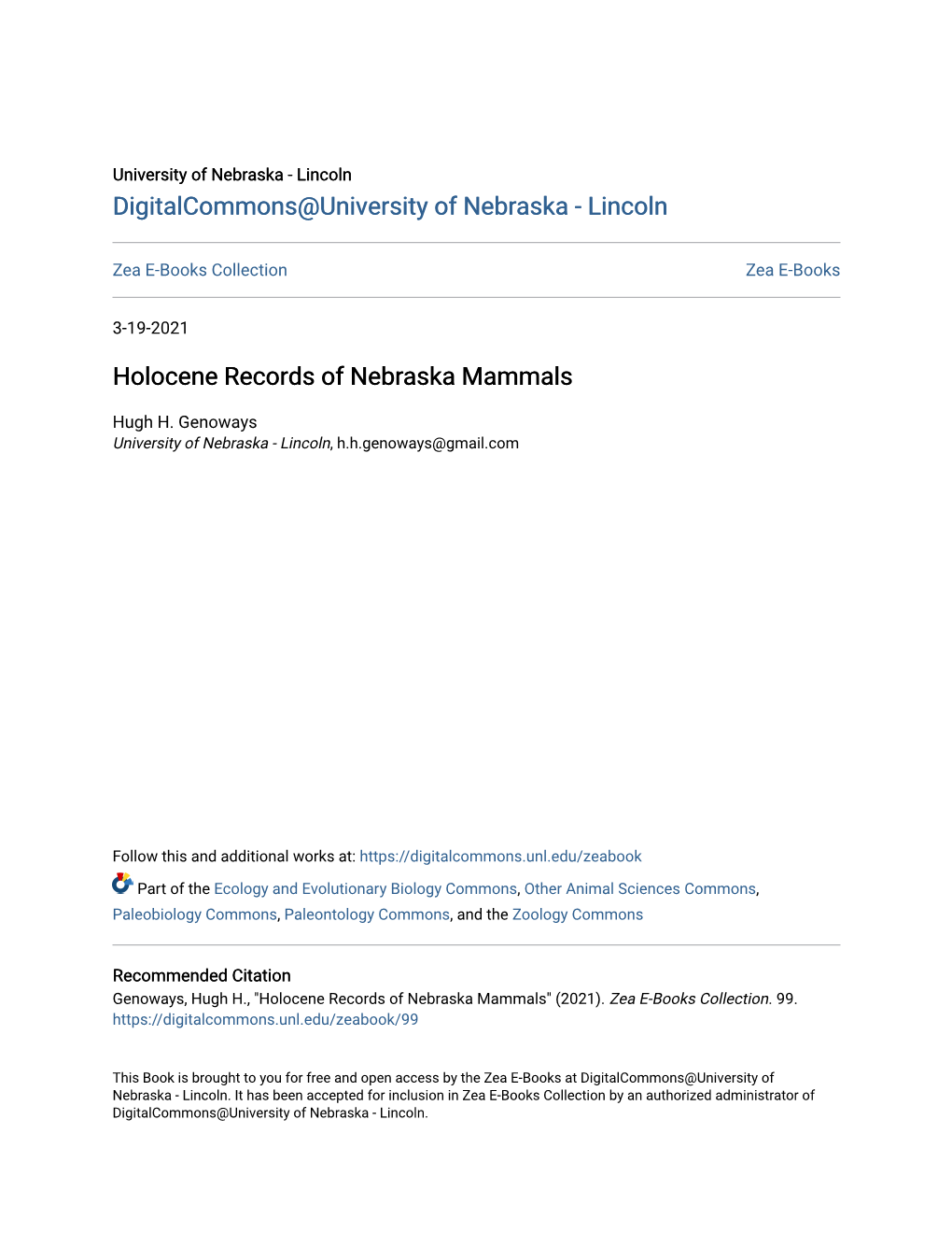 Holocene Records of Nebraska Mammals