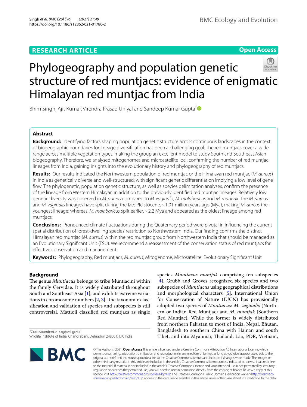 Phylogeography and Population Genetic Structure of Red Muntjacs