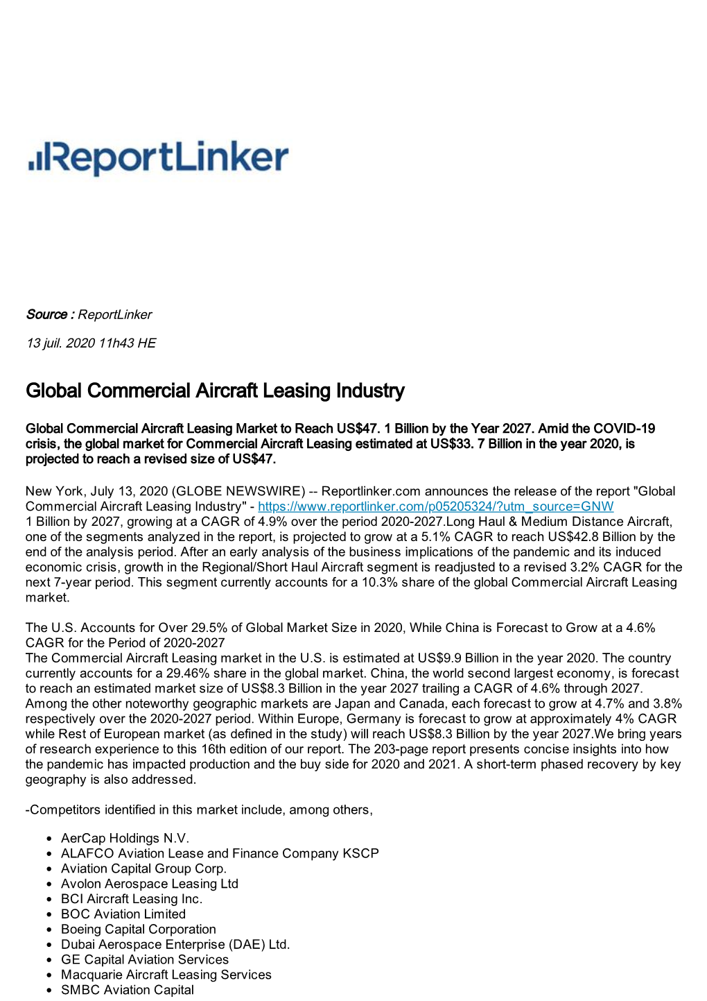 Global Commercial Aircraft Leasing Industry