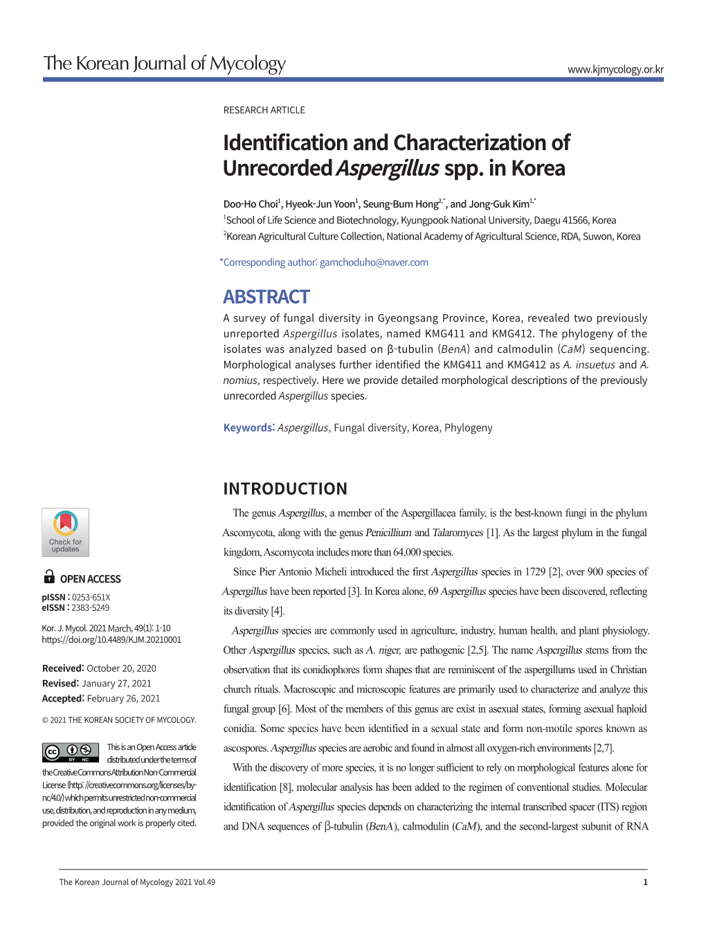 Identification and Characterization of Unrecorded Aspergillus Spp. in Korea