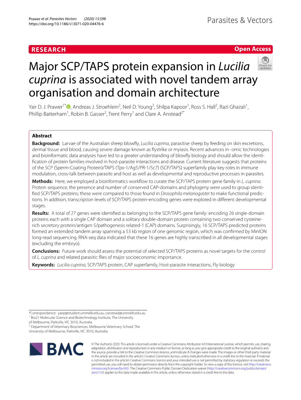 Major SCP/TAPS Protein Expansion in Lucilia Cuprina Is Associated with Novel Tandem Array Organisation and Domain Architecture Yair D