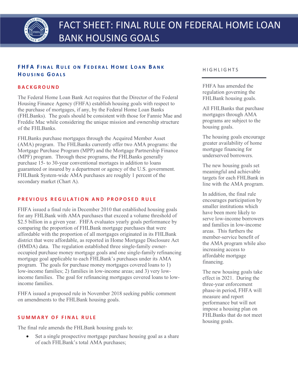 Fact Sheet: Final Rule on Federal Home Loan Bank Housing Goals