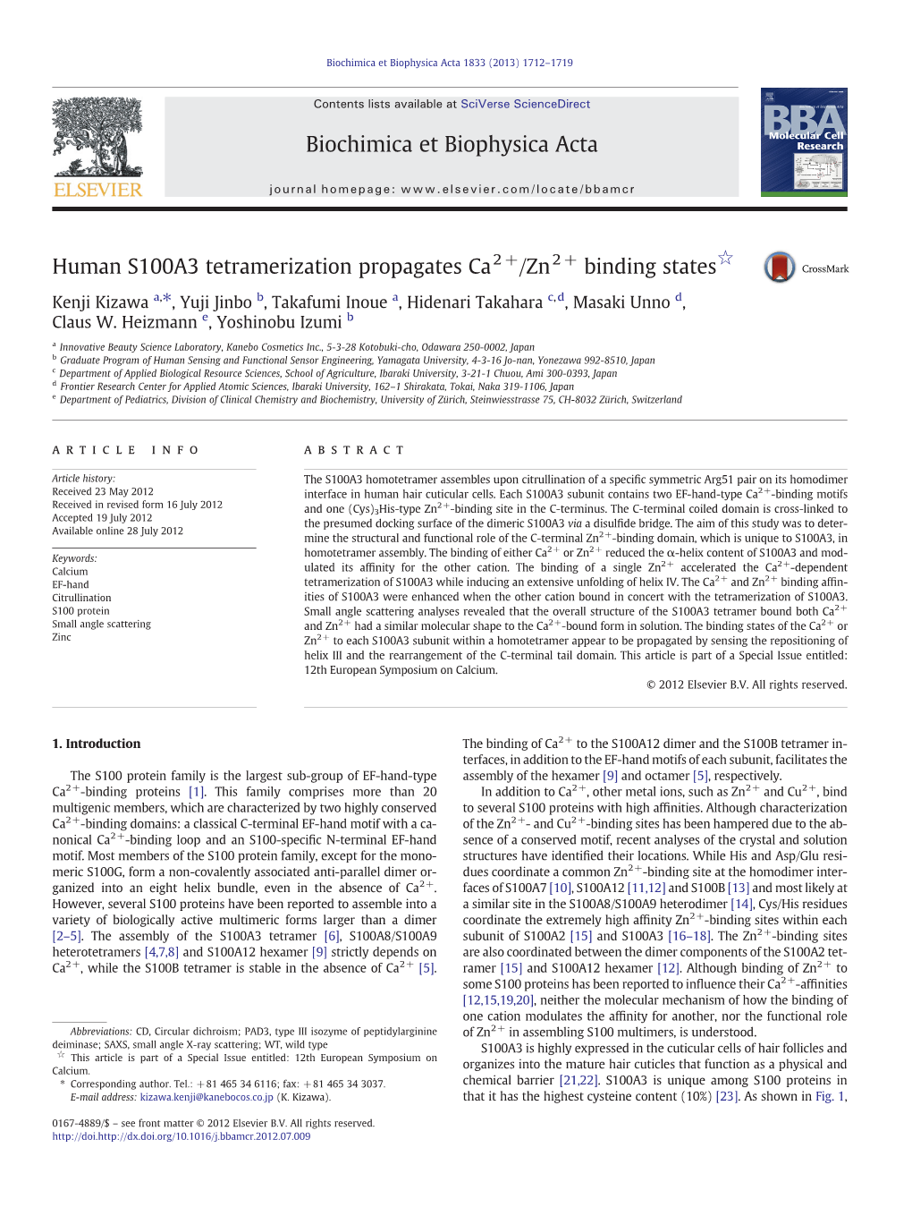 Human S100A3 Tetramerization Propagates Ca2+/Zn2+ Binding States☆