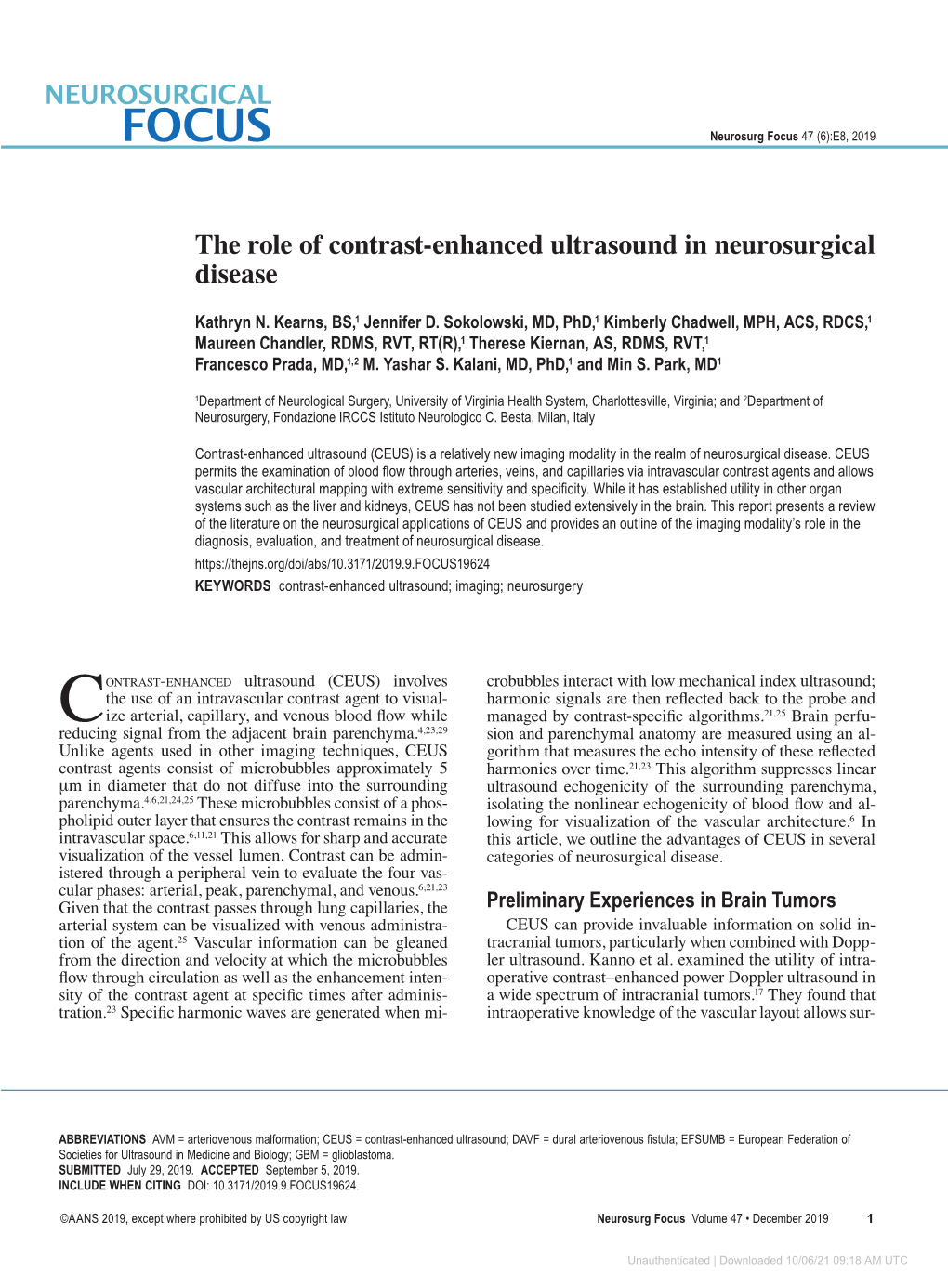 The Role of Contrast-Enhanced Ultrasound in Neurosurgical Disease