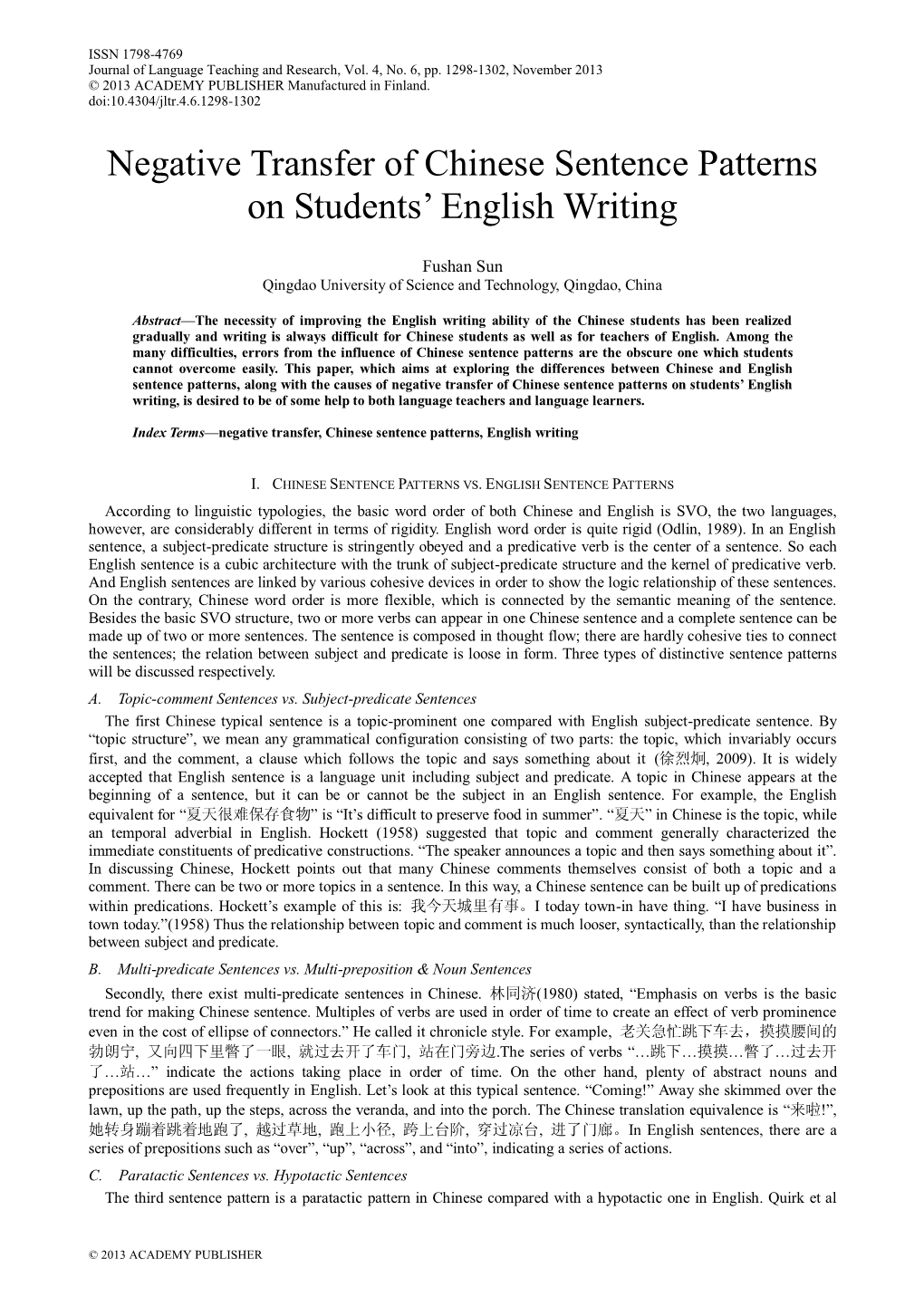 Negative Transfer of Chinese Sentence Patterns on Students’ English Writing