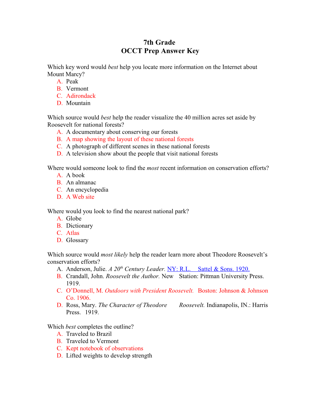 OCCT Prep Answer Key