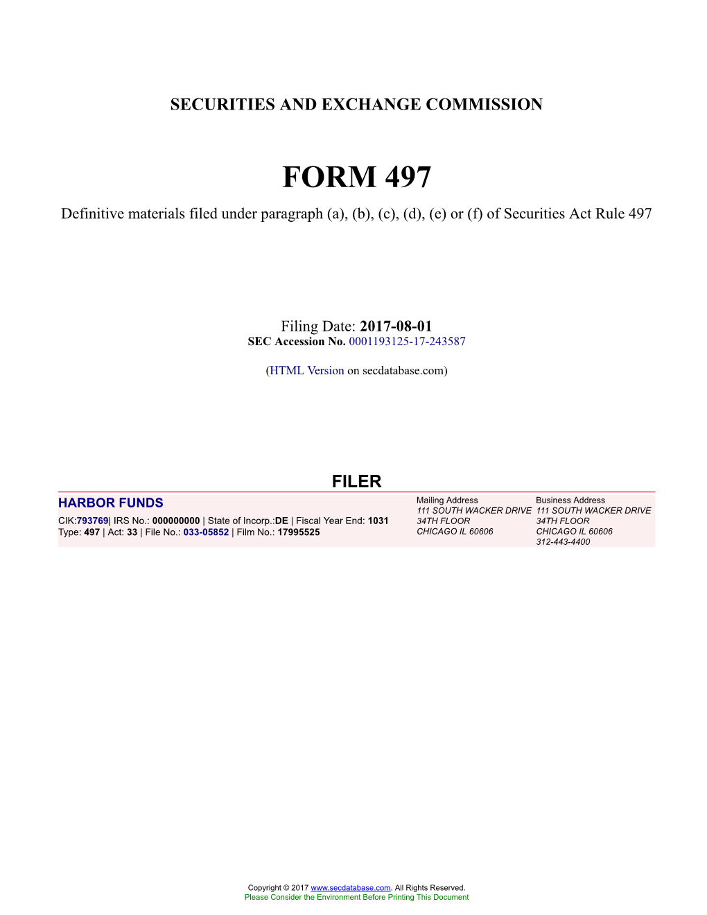 HARBOR FUNDS Form 497 Filed 2017-08-01