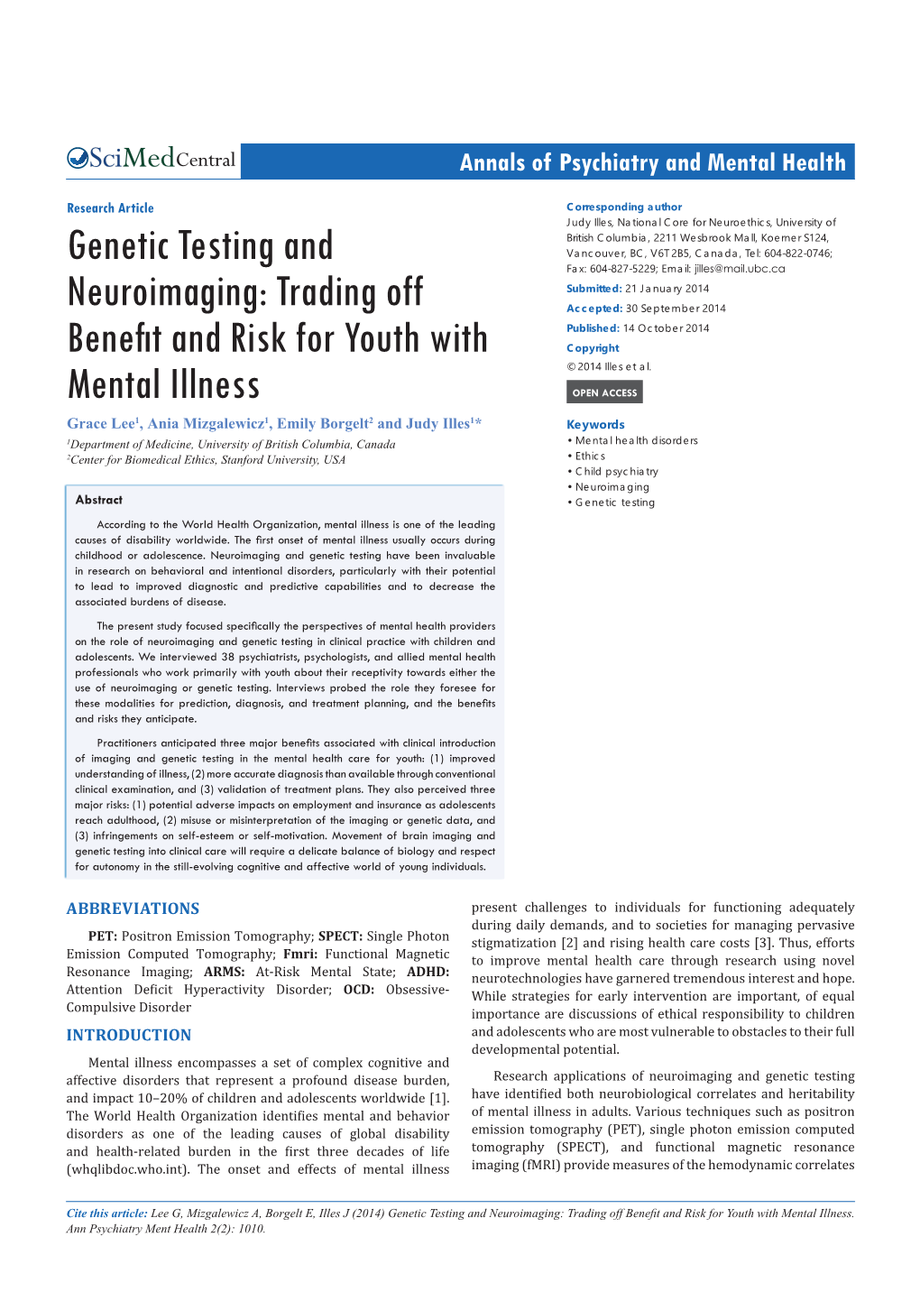 Genetic Testing and Neuroimaging: Trading Off Benefit and Risk for Youth with Mental Illness