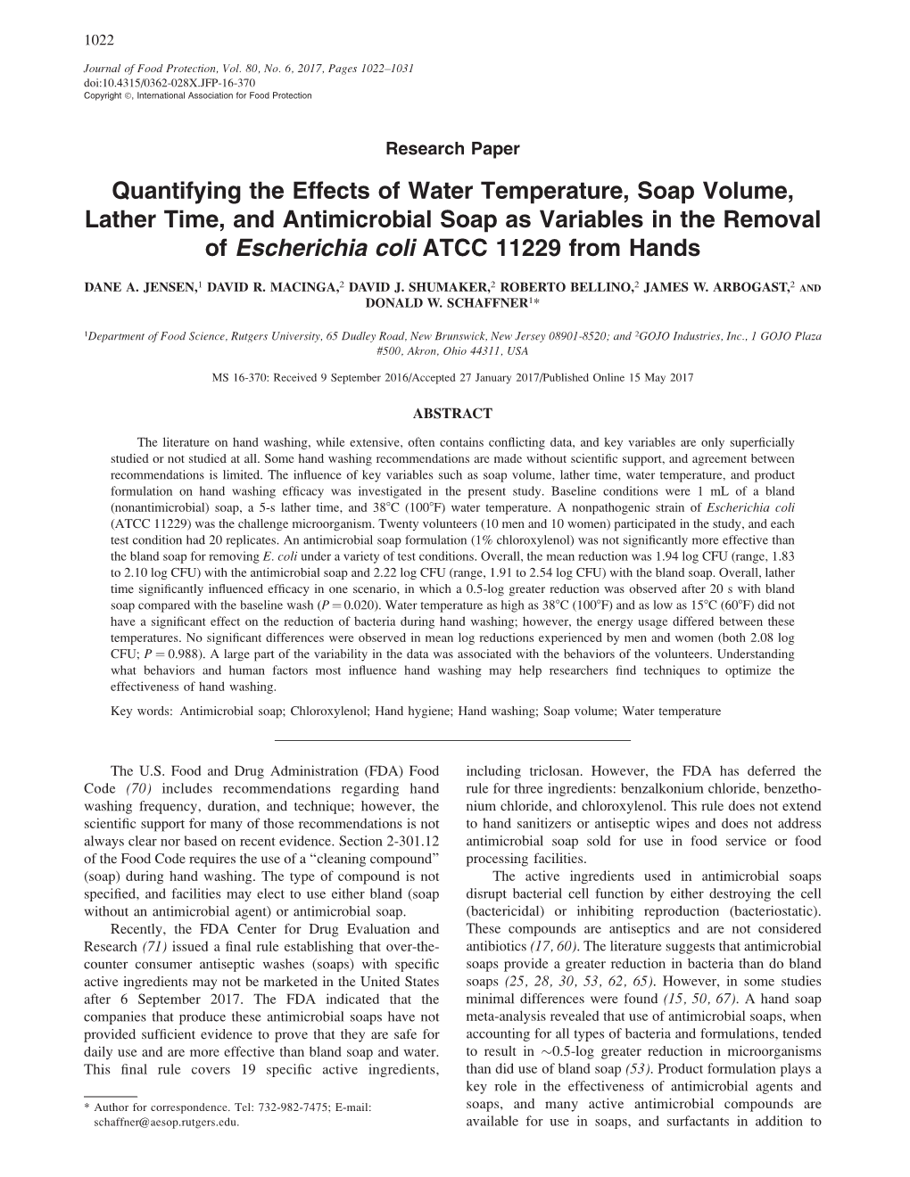 Quantifying the Effects of Water Temperature, Soap Volume, Lather Time, and Antimicrobial Soap As Variables in the Removal of Escherichia Coli ATCC 11229 from Hands