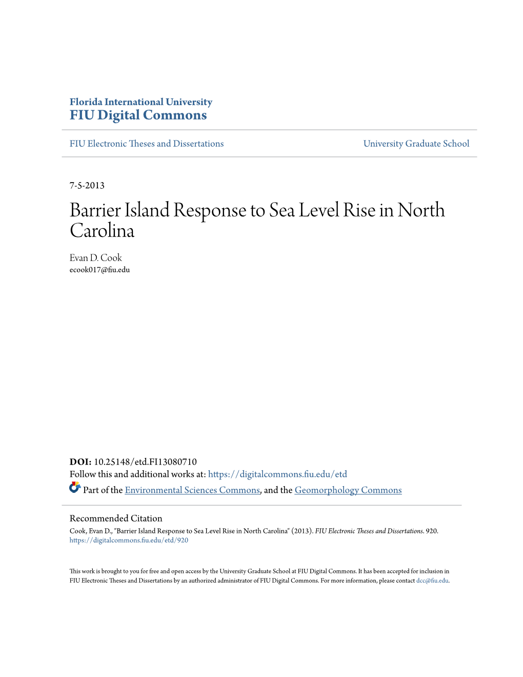 Barrier Island Response to Sea Level Rise in North Carolina Evan D