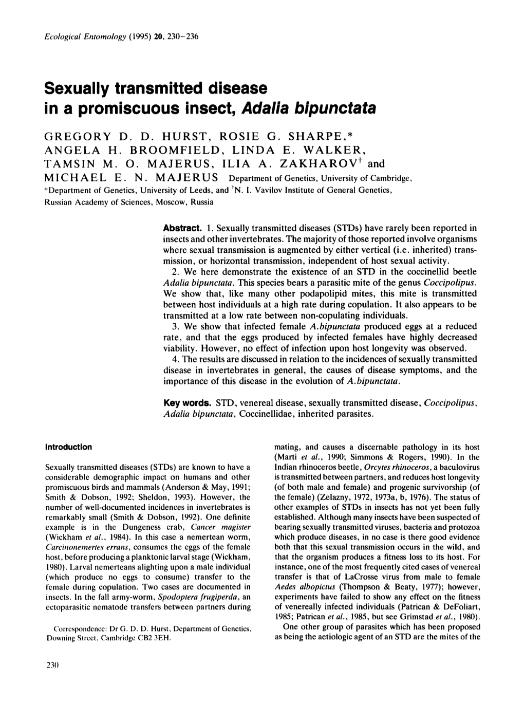 Sexually Transmitted Disease in a Promiscuous Insect, Adalia Bipunctata