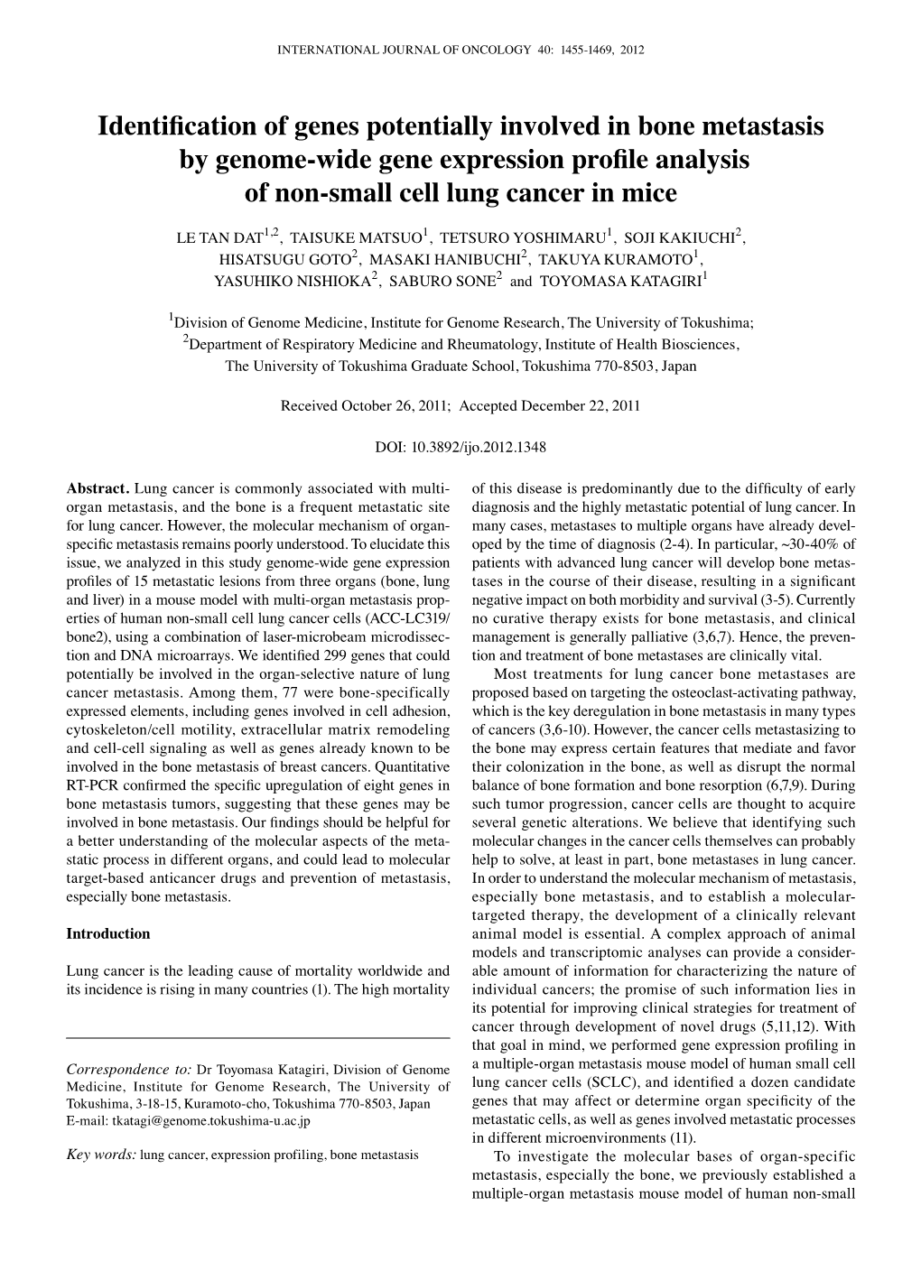 Identification of Genes Potentially Involved in Bone Metastasis by Genome-Wide Gene Expression Profile Analysis of Non-Small Cell Lung Cancer in Mice