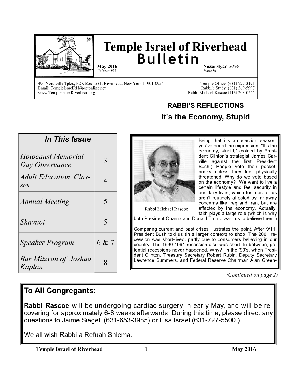 Bulletin Nissan/Iyar 5776 Volume #22 Issue #4