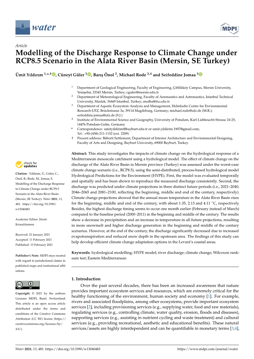 Modelling of the Discharge Response to Climate Change Under RCP8.5 Scenario in the Alata River Basin (Mersin, SE Turkey)