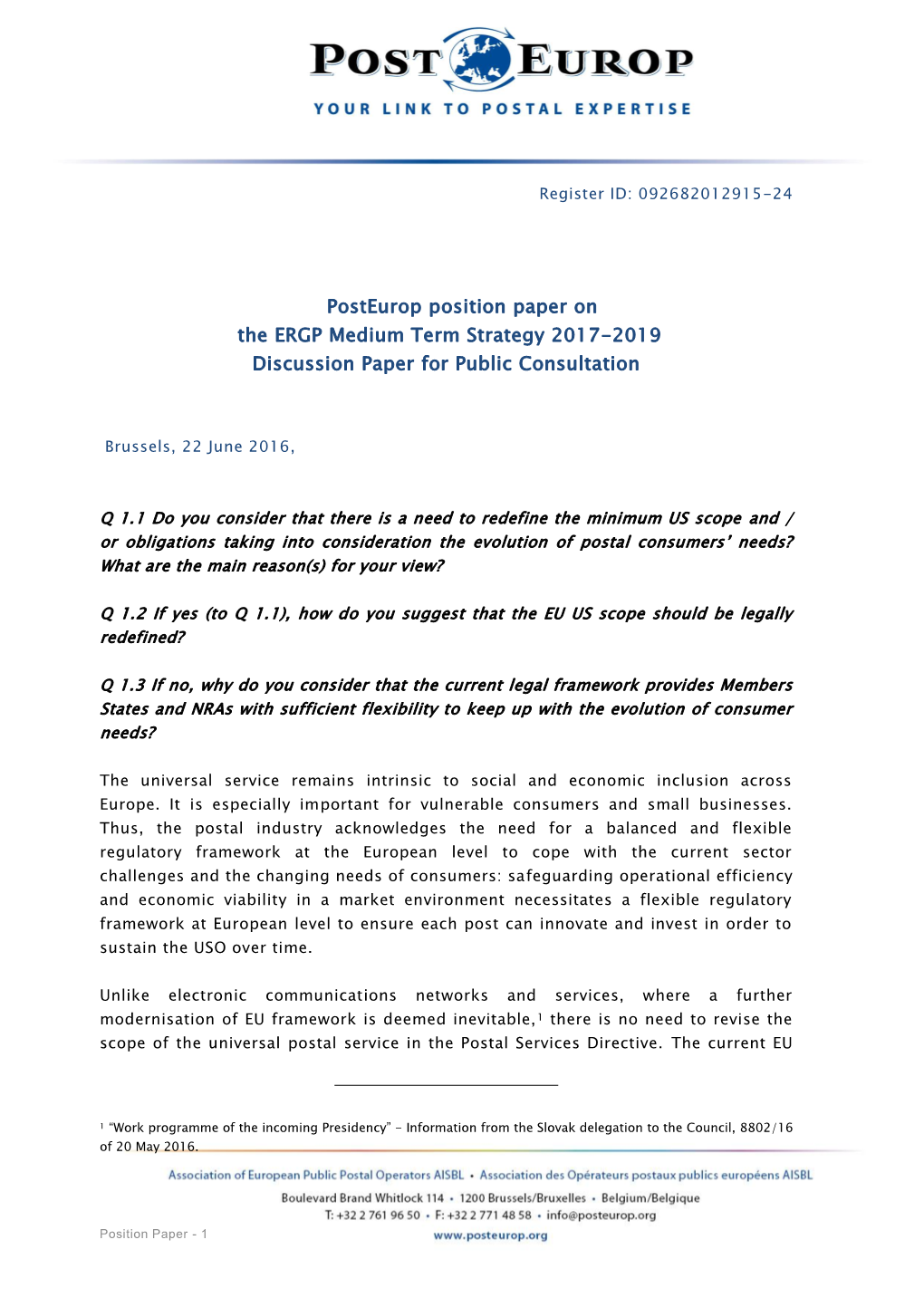 PE Position Paper on ERGP Medium Term Strategy