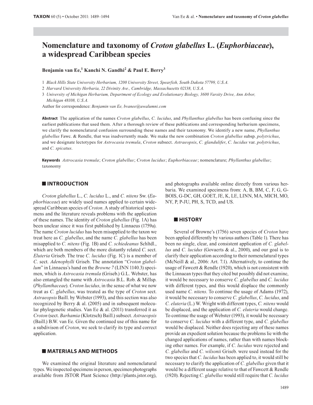 Nomenclature and Taxonomy of Croton Glabellus L. (Euphorbiaceae), a Widespread Caribbean Species